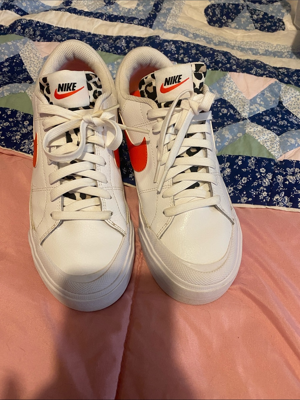 Nike White Sneakers with Orange/ Red Swoosh and Leopard Tongue